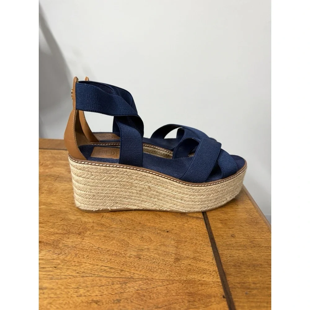 Tory Burch Women's Size 10.5 Navy 50mm Frieda Espadrille Wedge Sandals Stretch